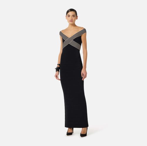 Knit fabric long dress with striped bands
