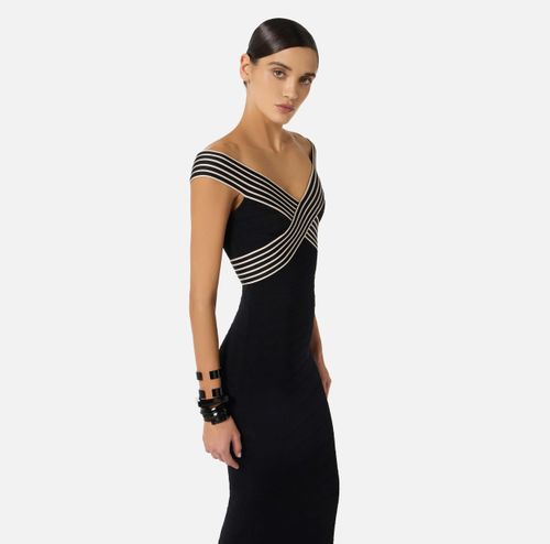 Knit fabric long dress with striped bands