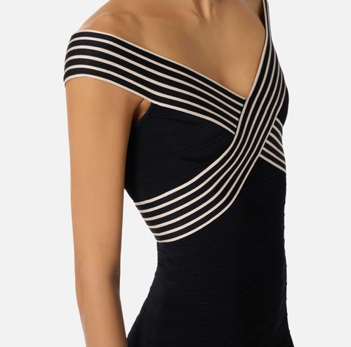 Knit fabric long dress with striped bands