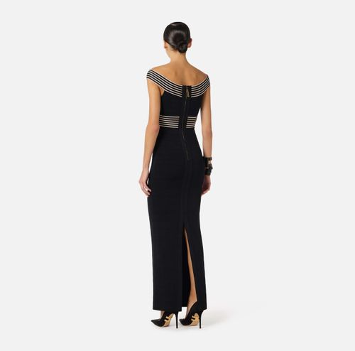 Knit fabric long dress with striped bands
