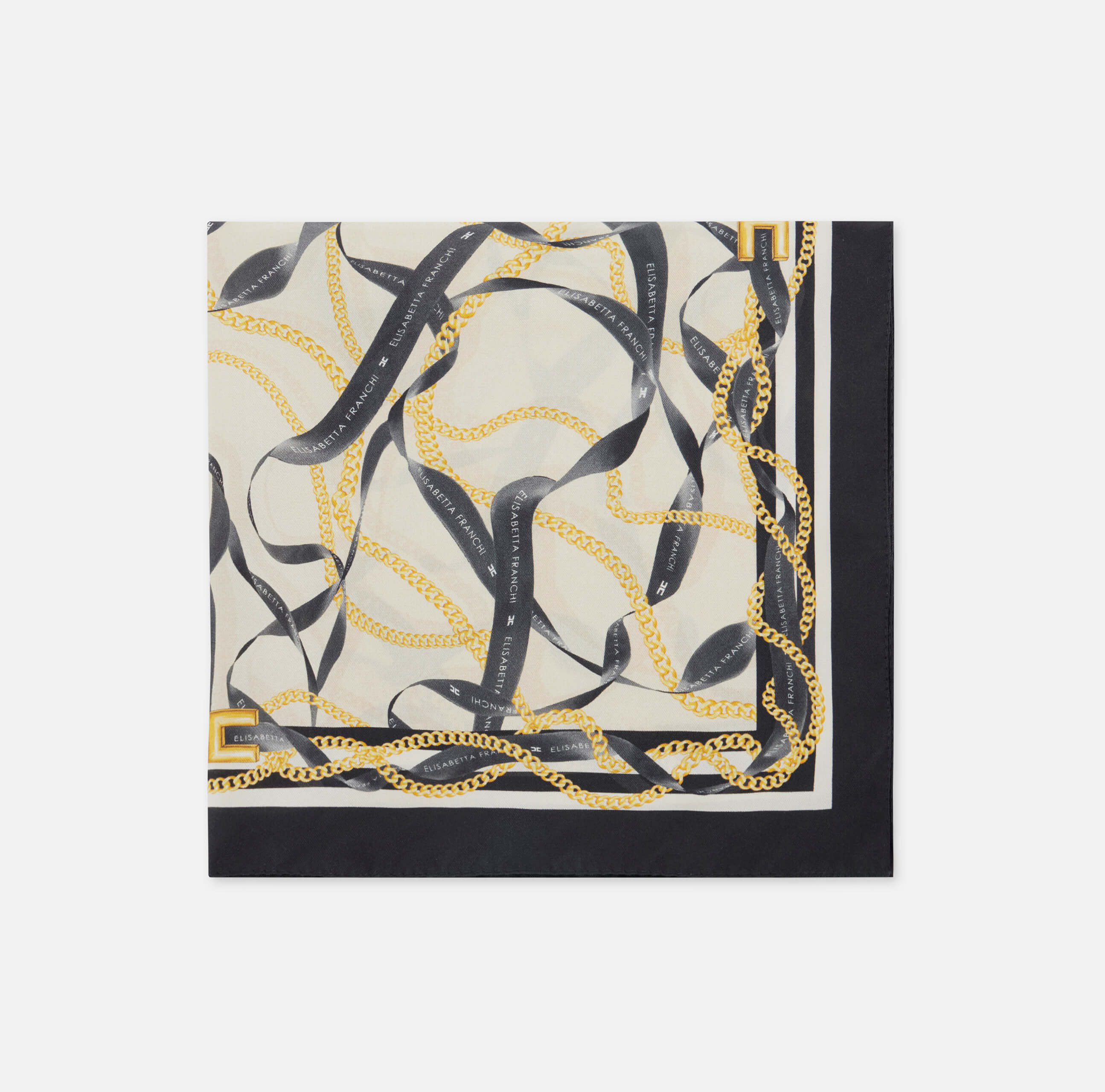 Silk twill foulard scarf with ribbon and chain print