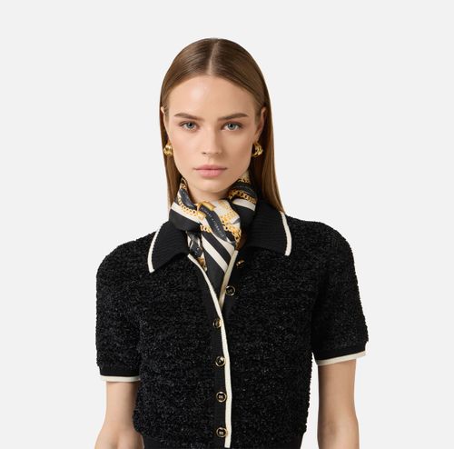 Silk twill foulard scarf with ribbon and chain print