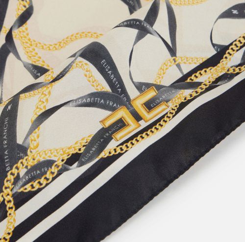 Silk twill foulard scarf with ribbon and chain print