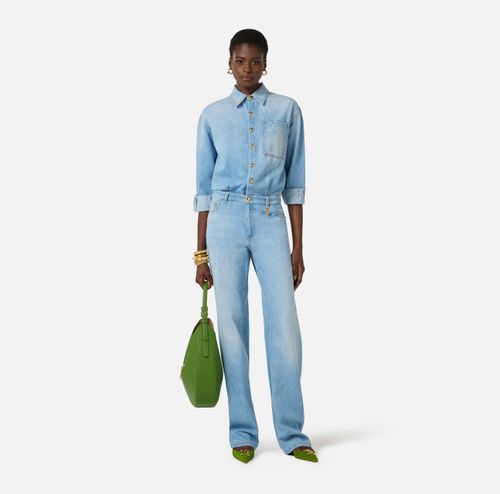 Denim jumpsuit with lettering detail