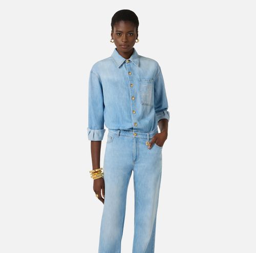 Denim jumpsuit with lettering detail