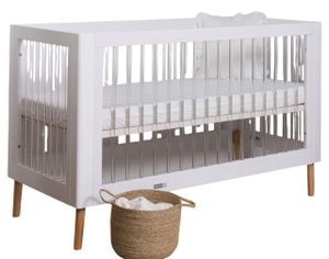 מיטת תינוק דגם קימברלי - לבן בשילוב עץ עם מוטות שקופים