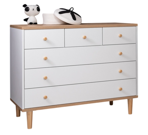 שידת תינוק רחבה דגם ניקי עם מסילות טריקה שקטה - לבן/דמוי עץ טבעי