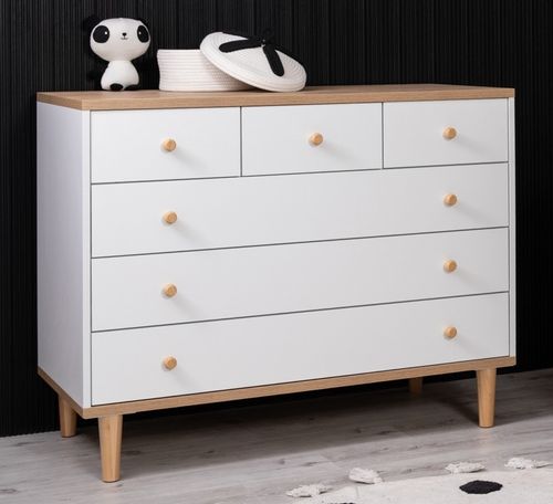 שידת תינוק רחבה דגם ניקי עם מסילות טריקה שקטה - לבן/דמוי עץ טבעי