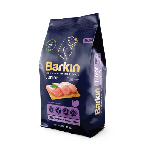 ברקין מזון מלא לגורי כלבים על בסיס הודו 15 קילוגרם