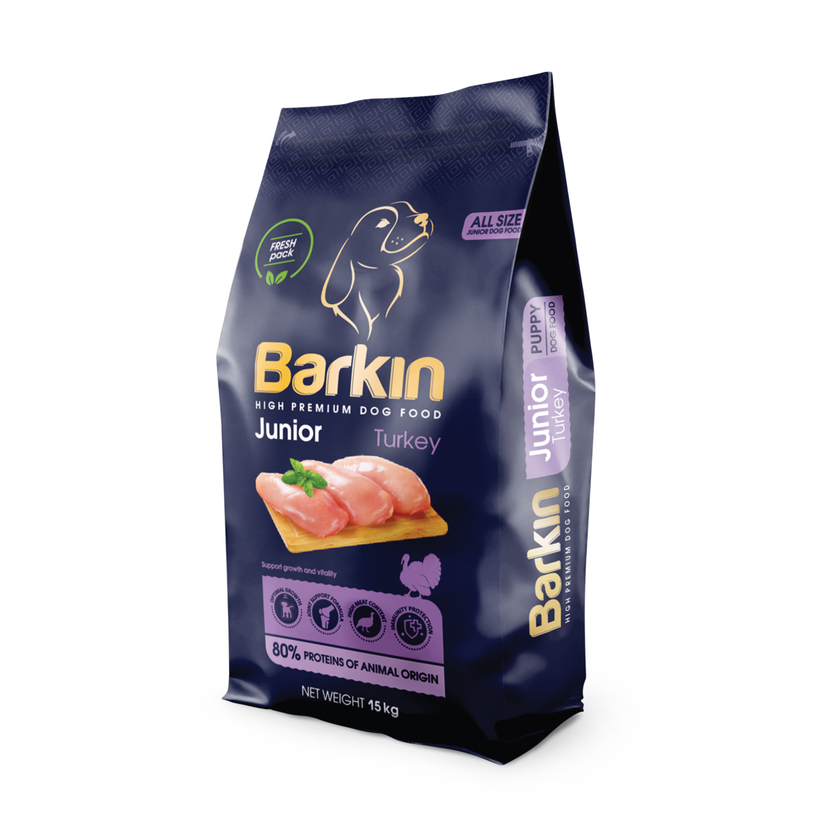 ברקין מזון מלא לגורי כלבים על בסיס הודו 15 קילוגרם