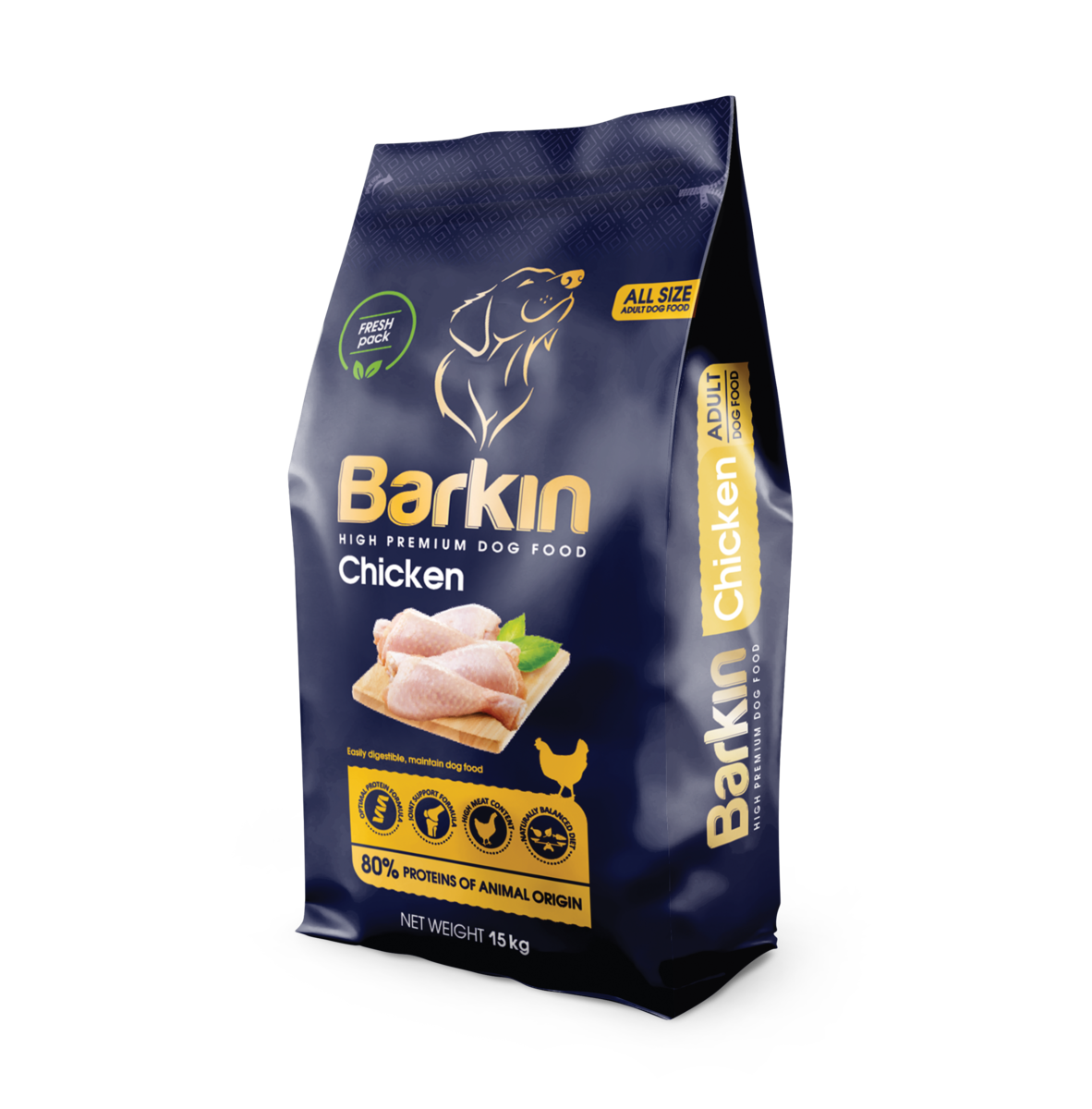 ברקין מזון מלא פרימיום לכלבים מכל הגזעים על בסיס עוף 15ק"ג
