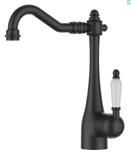 ברז ענתיק מעוצב לכיור רחצה 3610B ידית חרס לבן, פיה מסתובבת שחור מט SA