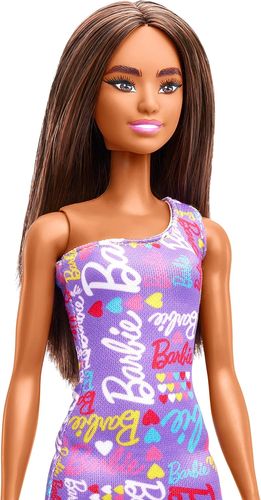 ברבי פשניסטה ברונטית עם שמלת כתף BARBIE סגולה