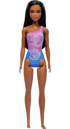 בובת ברבי שיער שחור בבגד ים שלם בעיצוב פרחוני מסדרת החוף