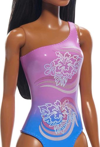 בובת ברבי שיער שחור בבגד ים שלם בעיצוב פרחוני מסדרת החוף