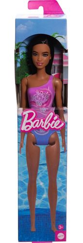 בובת ברבי שיער שחור בבגד ים שלם בעיצוב פרחוני מסדרת החוף