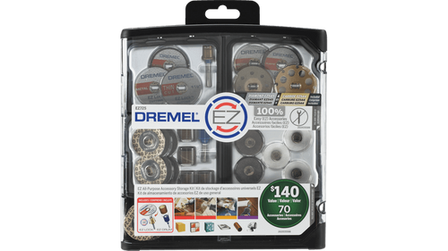 ערכת אביזרים Dremel EZ725 - תצוגה של 70 אביזרים מקוריים עם מערכת EZ Lock וקופסת אחסון מאורגנת לדרמל מקצועיים