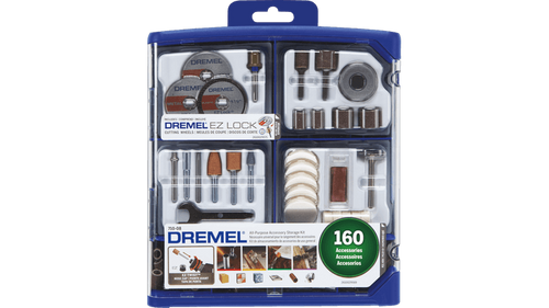 ערכת אביזרים Dremel 710-08 - תיק אחסון פתוח המציג 160 אביזרים מקצועיים כולל מערכת EZ Lock, אבני השחזה, גלגלי ליטוש ורצועות שיוף
