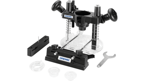 אביזר ראוטר צלילה Dremel 335-01 - מערכת ראוטינג מקצועית עם בסיס שקוף ומדריכי קצה ומעגל לעבודות נגרות מדויקות