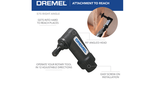 אביזר זווית ישרה Dremel 575 - מבט כללי על האביזר הקומפקטי עם ראש זווית 90 מעלות למכשירי רוטרי Dremel