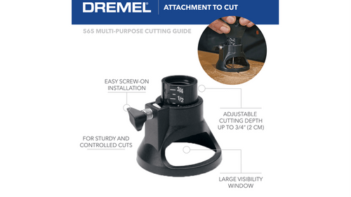 ערכת חיתוך רב תכליתית Dremel 565 - מדריך חיתוך עם חלון תצפית גדול ומנגנון התאמת עומק למגוון חומרים