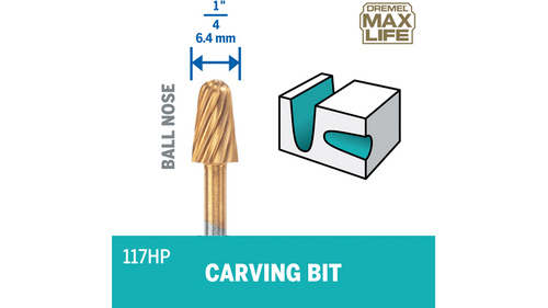 ביט חריטה כדורי Dremel Max Life 117HP 6.4mm - ציפוי טיטניום ניטריד לעמידות מקסימלית ועבודות חריטה מדויקות
