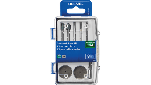 ערכת אביזרים מיקרו Dremel 735-01 לזכוכית ואבן - תיק אחסון שקוף עם 8 אביזרים מקצועיים כולל גלגלי יהלום ואבני שיוף לעבודה מדויקת
