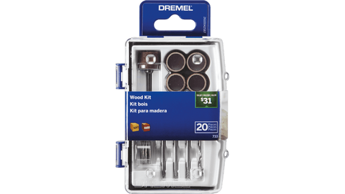 ערכת אביזרים Dremel 733-01 לעבודות עץ - 20 חלקים כוללים ביטי גילוף, דיסקי שיוף ומקדח במארז מאורגן לפרויקטי עבודות עץ מקצועיים