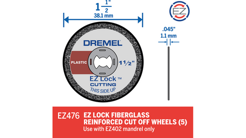דיסק חיתוך Dremel EZ476 EZ Lock לפלסטיק - מבט על רקע לבן המציג את הדיסק בקוטר 38.1 מילימטר עם חיזוק סיבי זכוכית לחיתוך מדויק