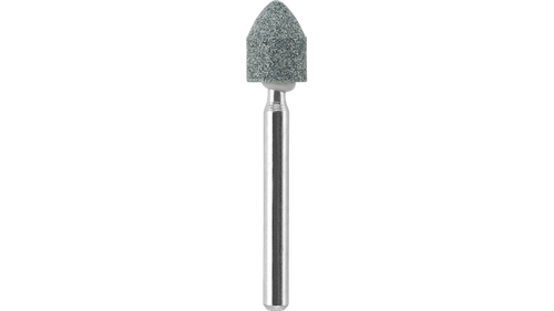 אבן השחזה Dremel 83142 מסיליקון קרביד - צורת להבה לעבודה על זכוכית וקרמיקה, מוצגת על רקע לבן עם פרטי המוצר