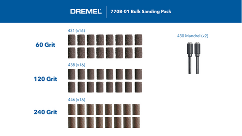 ערכת סנדינג בנדים Dremel 770B-01 - תצוגה של 48 בנדי סנדינג בשלוש דרגות גרגירים למגוון עבודות עיבוד וגימור