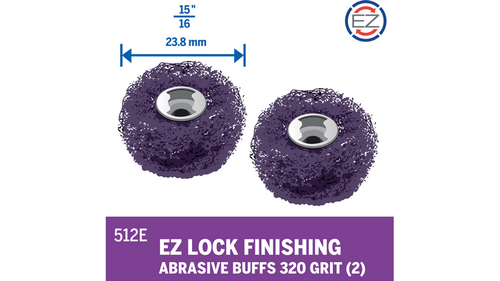 דיסקיות ליטוש אברזיביות Dremel 512E EZ Lock 320 גריט - אריזת 2 יחידות על רקע לבן, מציגות את מערכת ההחלפה המהירה והעיצוב המקצועי