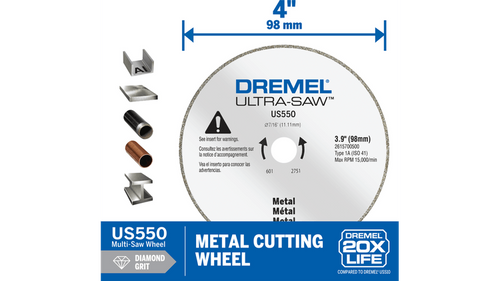 דיסק חיתוך יהלום Dremel US550-01 קוטר 4 אינץ' - דיסק מתכת עם ציפוי יהלום פרימיום למסורי Ultra-Saw לחיתוך מדויק של מתכות