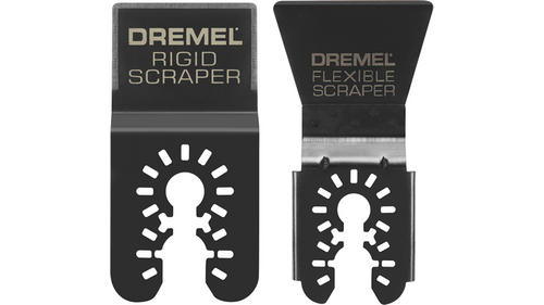להבי גירוד נדנדה Dremel MM620U - זוג להבים קשיח וגמיש עם ממשק כפול אוניברסלי לכל כלי נדנדה, מוצגים על רקע לבן