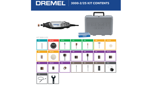 דרמל Dremel 3000-2/25 - מבט כללי על הכלי עם 25 אביזרים מקצועיים לחיתוך, חריטה והשחזה