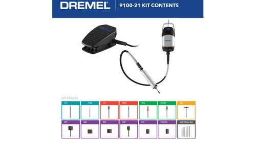 דרמל Dremel 9100-21 Fortiflex עם גיר גמיש כבד ודוושת מהירות - מבט כללי על הערכה המלאה עם 21 אביזרים לעבודות חריטה וחיתוך מקצועיות