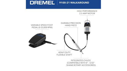 דרמל Dremel 9100-21 Fortiflex עם גיר גמיש כבד ודוושת מהירות - מבט כללי על הערכה המלאה עם 21 אביזרים לעבודות חריטה וחיתוך מקצועיות