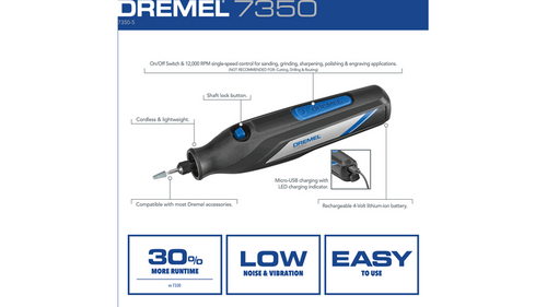 דרמל נטען Dremel 7350-5 - כלי קל משקל עם סוללת ליתיום 4 וולט לעבודות שיוף והשחזה מדויקות