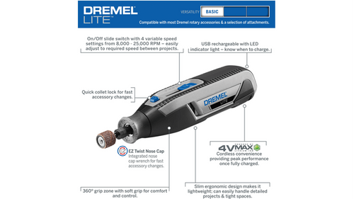 דרמל נטען Dremel 7760-N/10 Lite - כלי קל משקל עם גריפ רך לעבודות דיוק ופרויקטים ביתיים