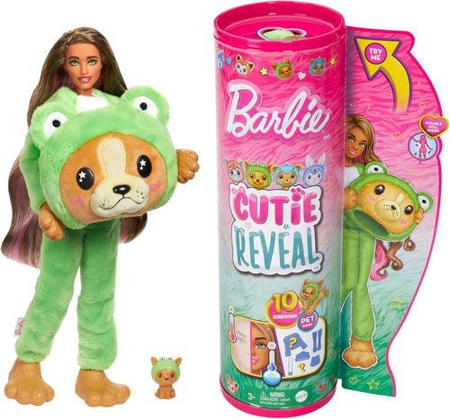בובת ברבי סדרת Cutie עם תחפושת כלבלב צפרדע פרוותית ו 10 הפתעות וחיית מחמד