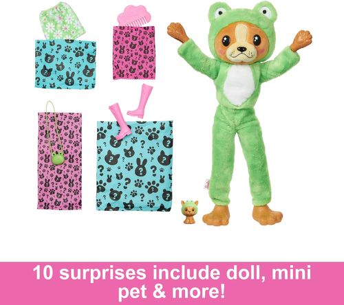 בובת ברבי סדרת Cutie עם תחפושת כלבלב צפרדע פרוותית ו 10 הפתעות וחיית מחמד