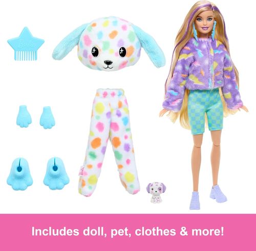 בובת ברבי סדרת Cutie עם תחפושת דלמטי צבעוני פרוותית ו 10 הפתעות וחיית מחמד
