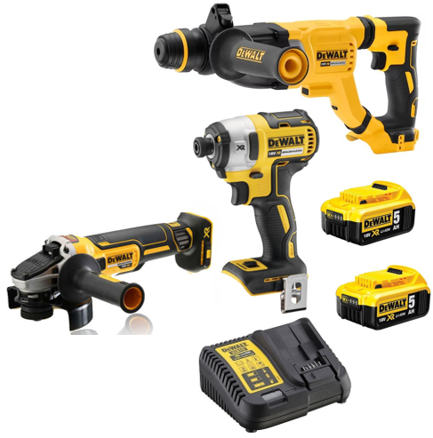 סט כלים נטען DEWALT - פטישון+משחזת זוית+מברגת אימפקט + 2 סוללות 5 אמפר + מטען
