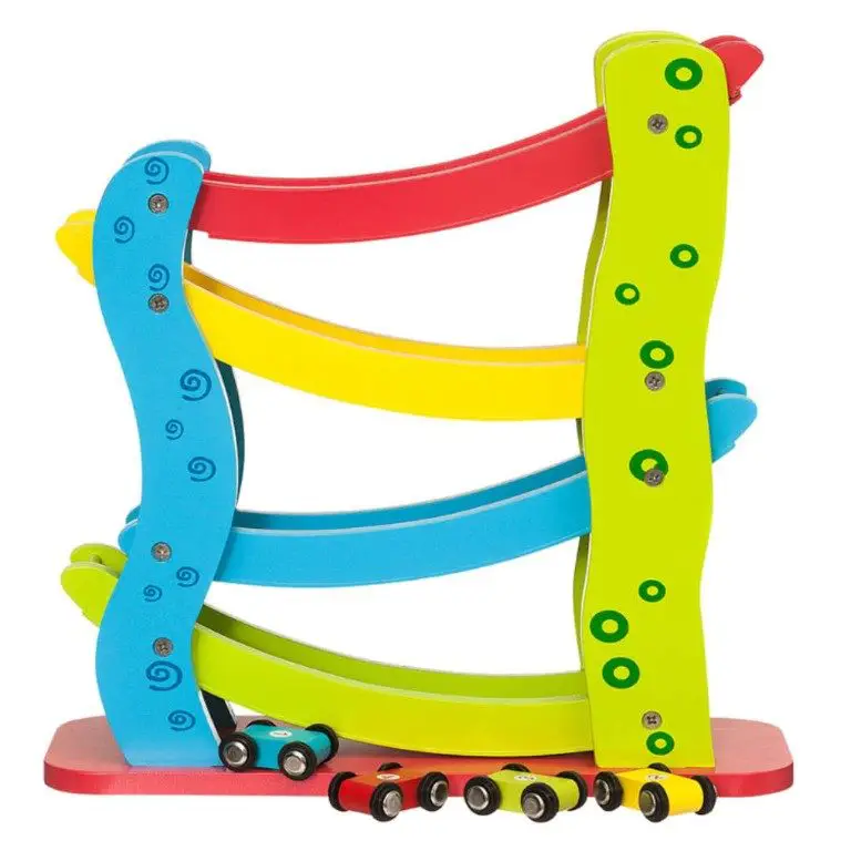 צעצוע מעץ, מגלשת מכוניות מעץ צבעונית כולל 4 מכוניות מעץ