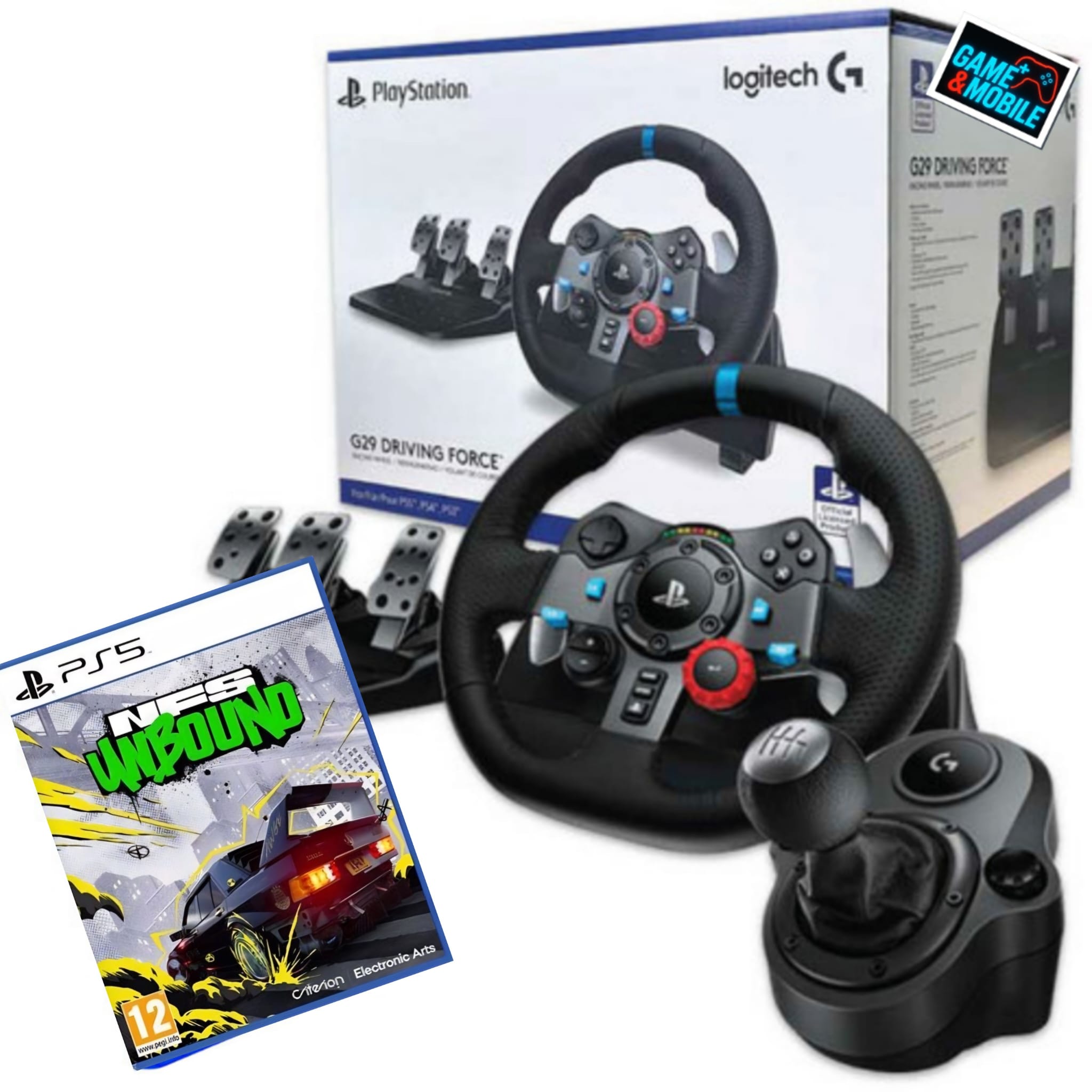 LOGITECH DRIVING FORCE G29+ SHIFTER + GAME NEED FO SPEED UNBOUND PS5 הגה