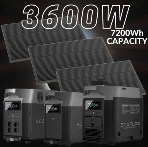 קיט סולארי ECOFLOW - תחנת כח DELTA3600 קיבולת 7.2Kwh -הספק 3.6KW + תא הרחבה+ גנרטור חכם + סט 3 פאנלים סולאריים 540W