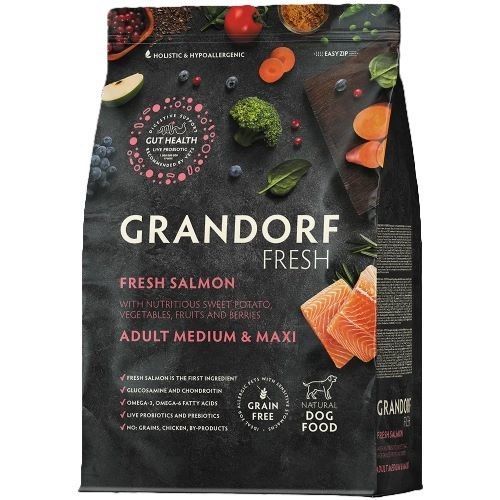 גרנדורף פרש סלמון ובטטה מזון הוליסטי והיפואלרגני ללא דגנים עם פרוביוטיקה חיה לכלבים בוגרים 10 ק