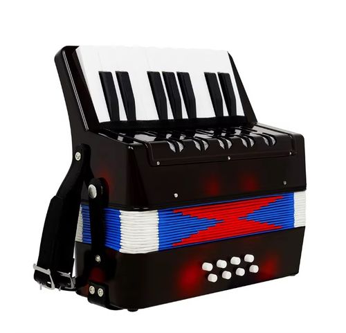 אקורדיון פסנתר חינוכי 17 מקשים 8 בס - מבט כללי על רקע לבן המציג את המקשים, כפתורי הבס והמפוח לילדים ומתחילים