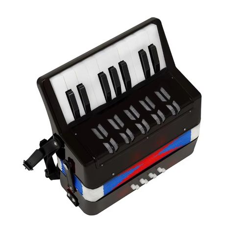 אקורדיון פסנתר חינוכי 17 מקשים 8 בס - מבט כללי על רקע לבן המציג את המקשים, כפתורי הבס והמפוח לילדים ומתחילים