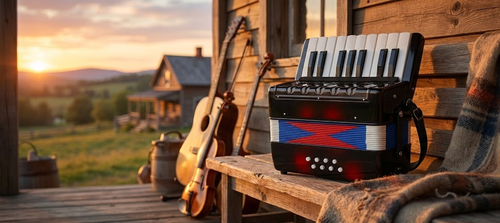 אקורדיון פסנתר חינוכי 17 מקשים 8 בס - מבט כללי על רקע לבן המציג את המקשים, כפתורי הבס והמפוח לילדים ומתחילים